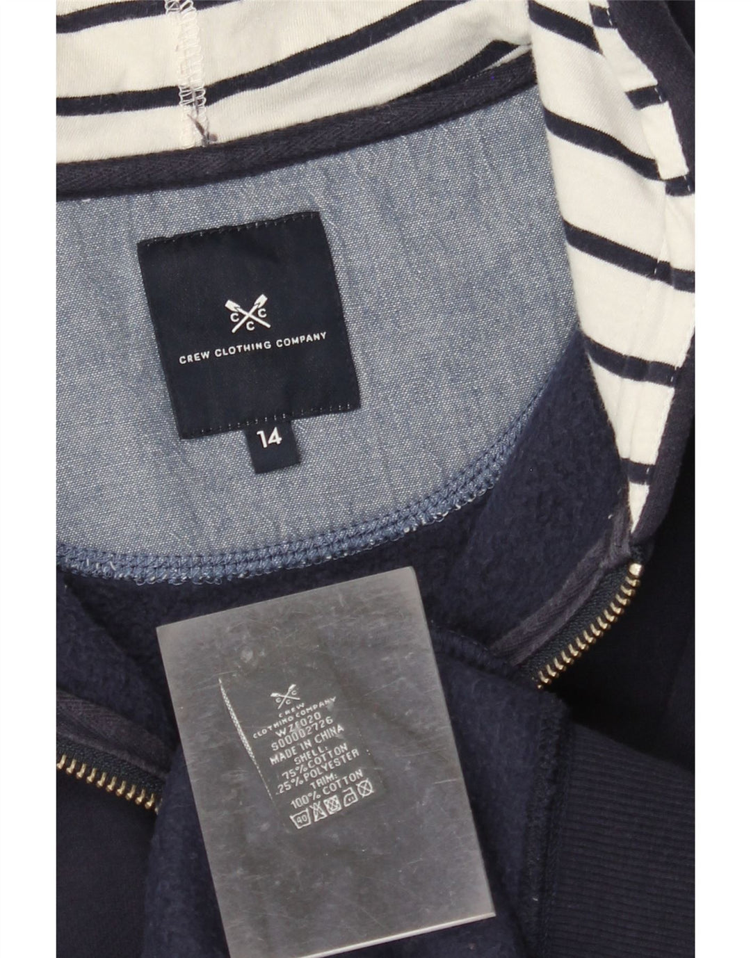 CREW CLOTHING Ženski pulover s kapuljačom s patentnim zatvaračem UK 14 Veliki tamnoplavi pamuk