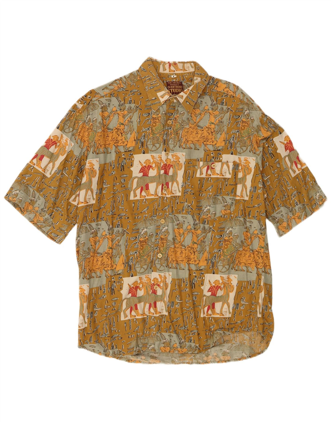 Vintage muška grafička majica kratkih rukava, velika kaki patchwork viskoza