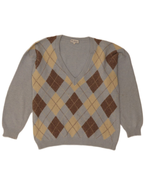 Vintage ženski džemper s V-izrezom UK 18 XL plavi Argyle/Diamond