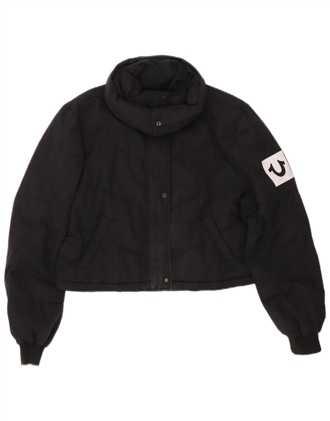 TRUE RELIGION Ženska kratka podstavljena jakna UK 16 Veliki crni poliester