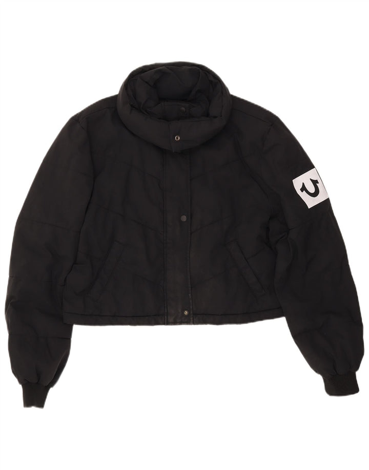 TRUE RELIGION Ženska kratka podstavljena jakna UK 16 Veliki crni poliester