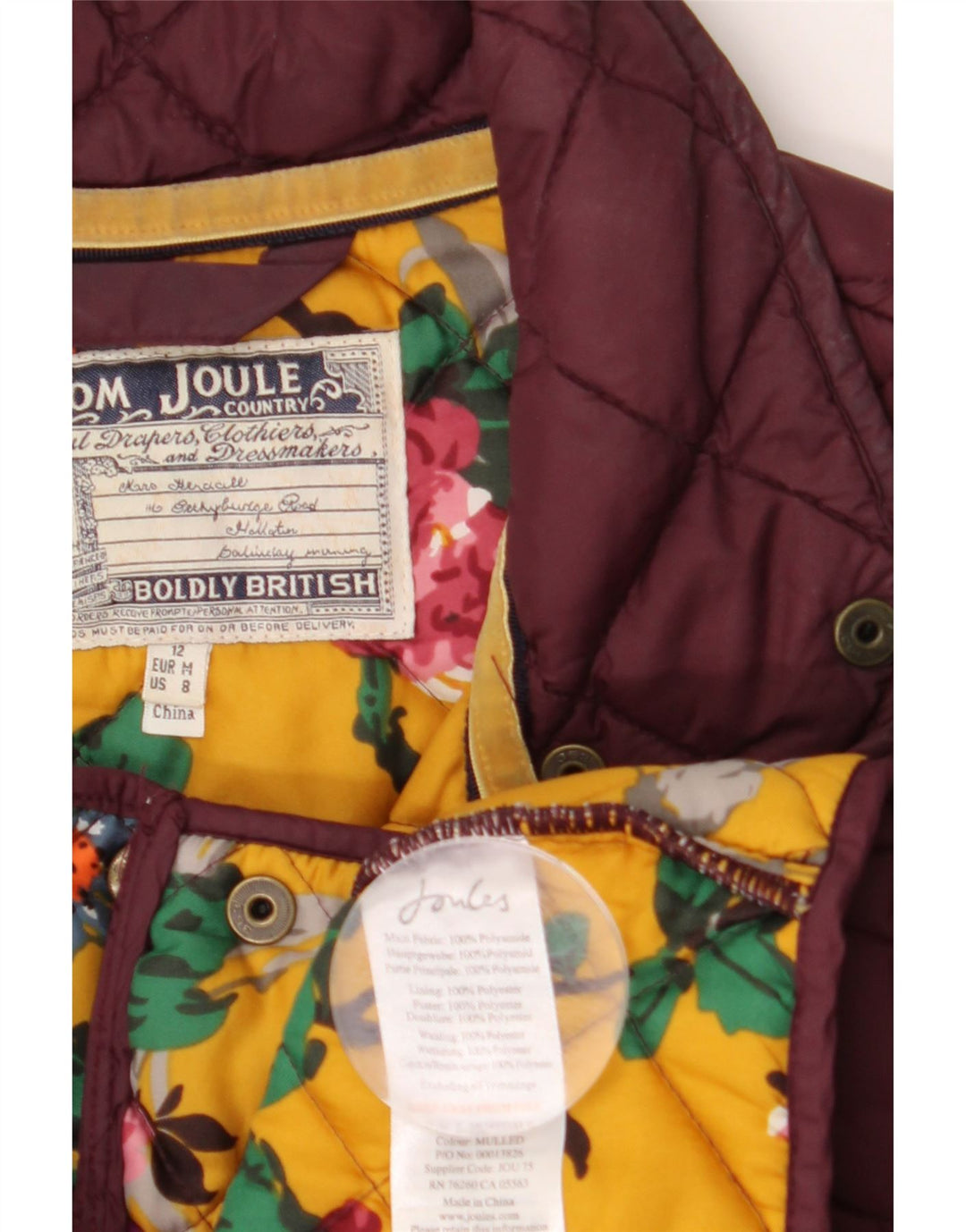 TOM JOULE Womens Quilted Jacket UK 12 Medium Burgundy Polyamide Vintage Tom Joule and Second-Hand Tom Joule from Messina Hembry 