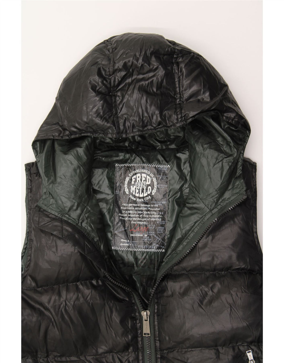 FRED MELLO Womens Hooded Padded Gilet UK 16 Large Black Polyester Vintage Fred Mello and Second-Hand Fred Mello from Messina Hembry 
