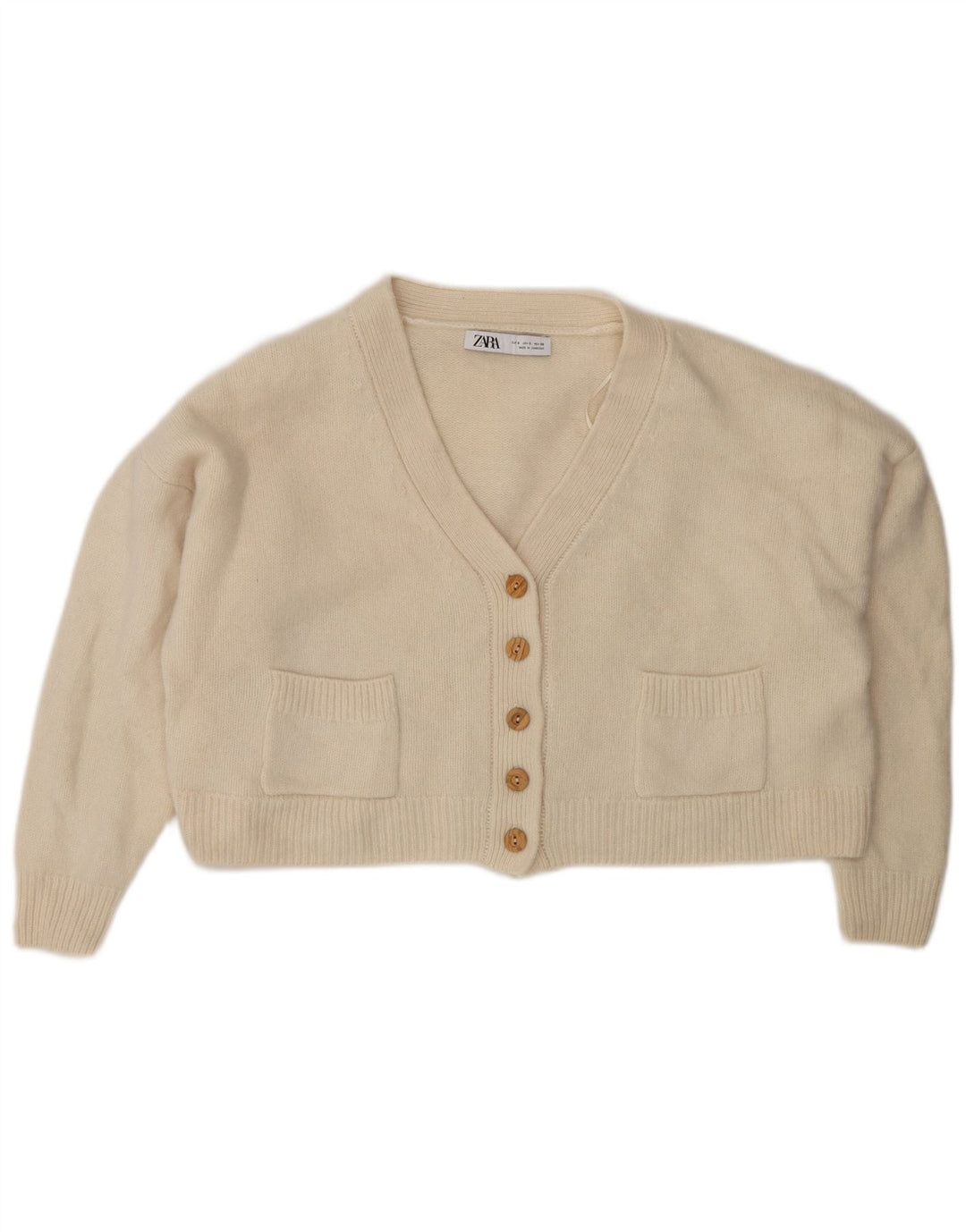 Zara ženski kratki kardigan pulover UK 10 Small Beige Wool