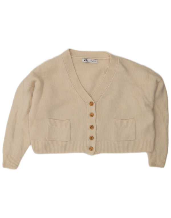 Zara ženski kratki kardigan pulover UK 10 Small Beige Wool