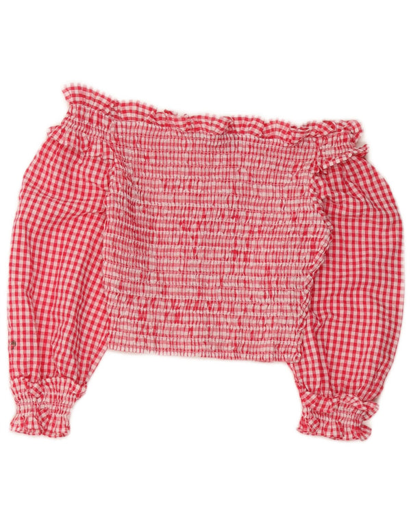 Zara ženska majica kratkih rukava 3/4 s otvorenim ramenima UK 4 XS crvena gingham poliester