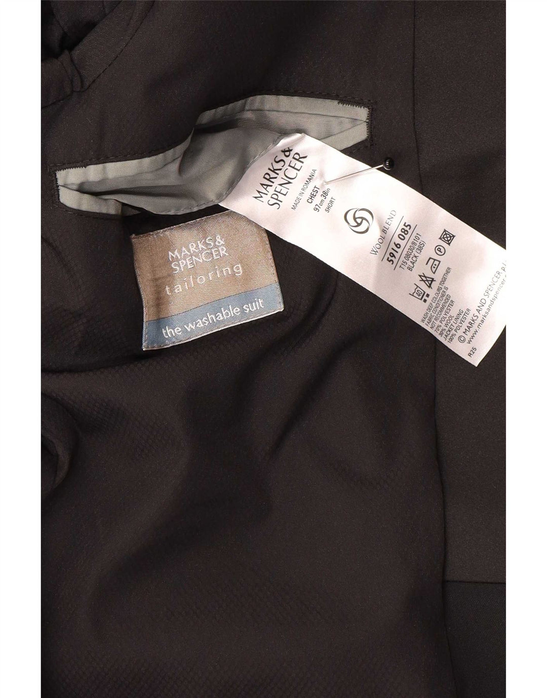 Marks & Spencer Mens 1 Button Blazer Jacket UK 38 Medium Black Wool
