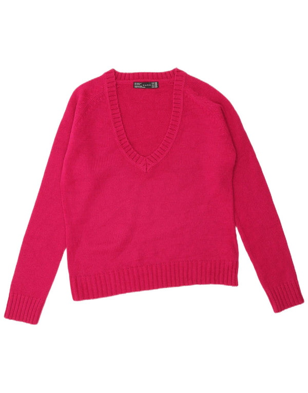 Zara Womens V-Neck Jumper Sweater UK 14 Medium Pink Acrylic