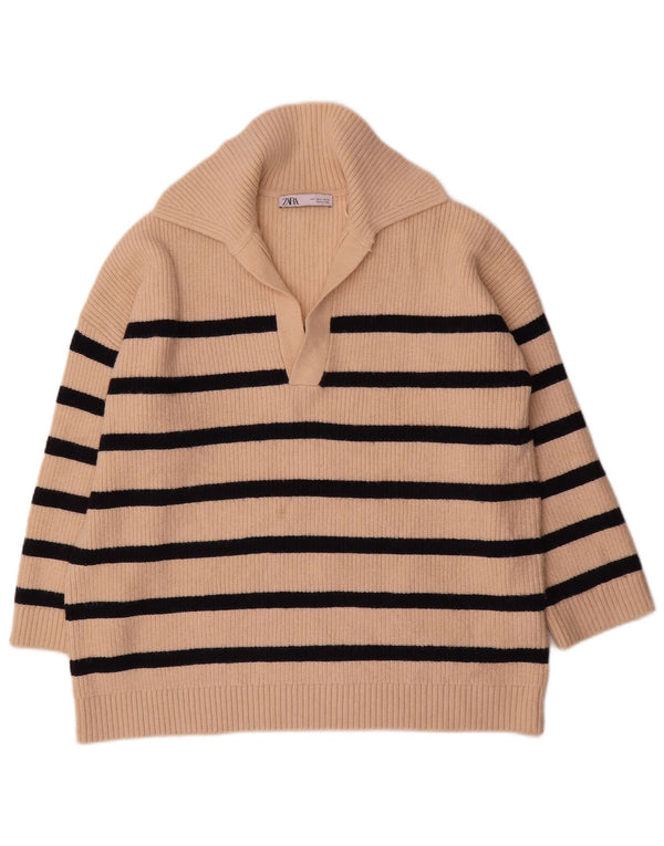 Zara ženski pulover s velikim polo izrezom UK 16 Veliki bež na pruge