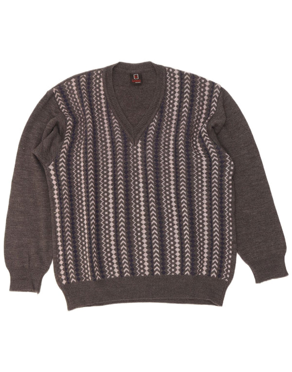 Rinaldi Mens V-Neck Jumper Sweater Medium Grey Geometric Wool