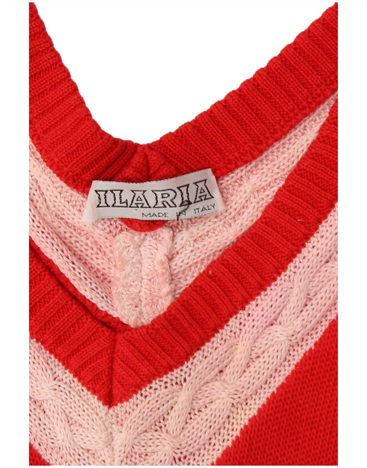 VINTAGE ženski dugi džemper s V-izrezom UK 18 XL Red Colourblock