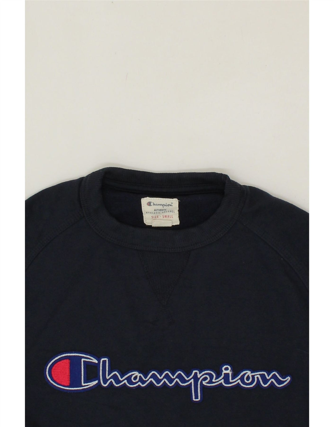 CHAMPION Mens Graphic Sweatshirt Jumper Small Navy Blue Cotton Vintage Champion and Second-Hand Champion from Messina Hembry 