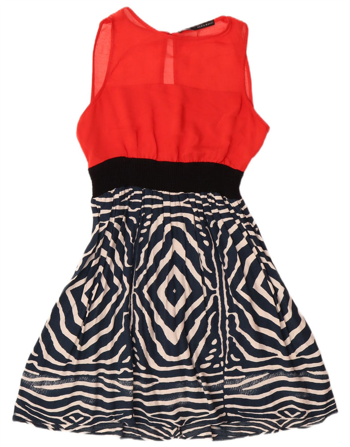 Zara ženska osnovna haljina A-kroja bez rukava UK 12 Srednje crvena geometrijska moderna