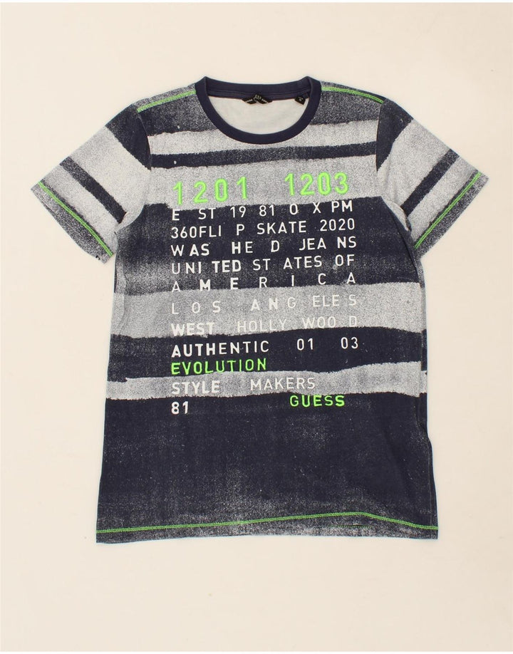 GUESS Boys Graphic T-Shirt Top 9-10 Years Navy Blue Striped Polyester Vintage Guess and Second-Hand Guess from Messina Hembry 