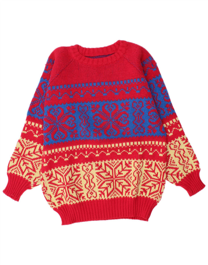 Vintage muški džemper s lađastim izrezom srednje crvene boje Fair Isle