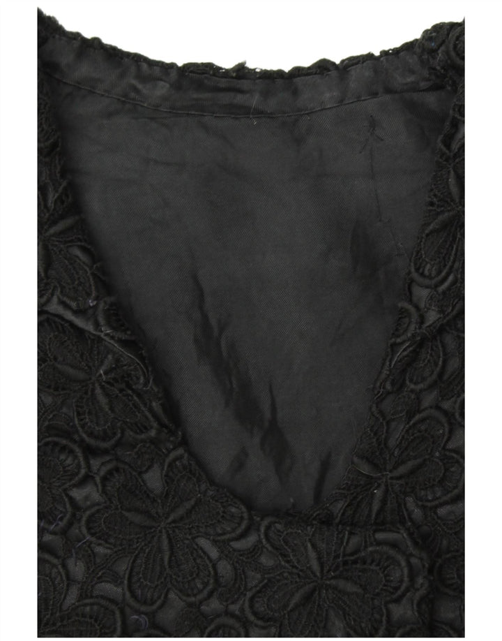 VINTAGE Ženska jakna sako kratkih rukava UK 12 Srednje crna cvjetna