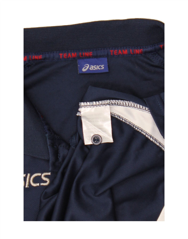 ASICS Mens Graphic Polo Shirt Medium Navy Blue Colourblock Polyester Vintage Asics and Second-Hand Asics from Messina Hembry 
