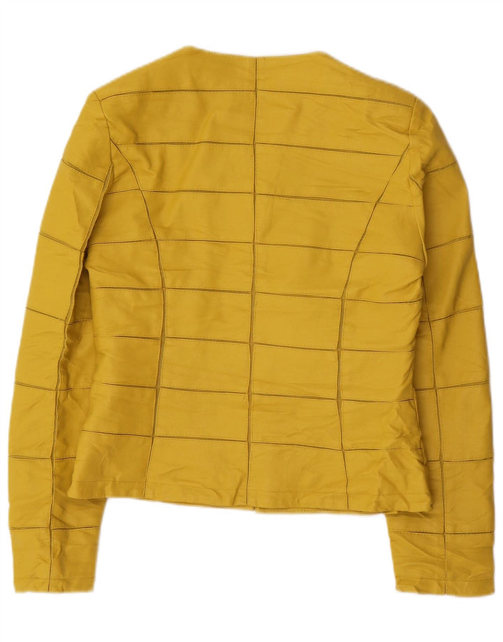 VINTAGE Womens Faux Leather Jacket UK 12 Medium Yellow Check Viscose