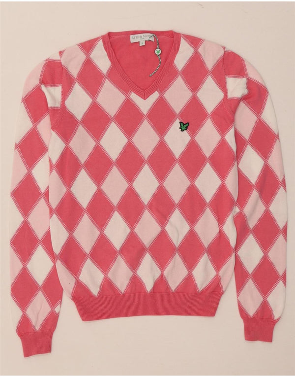 Lyle & Scott ženski džemper s V-izrezom UK 10 Small Pink Argyle/Diamond