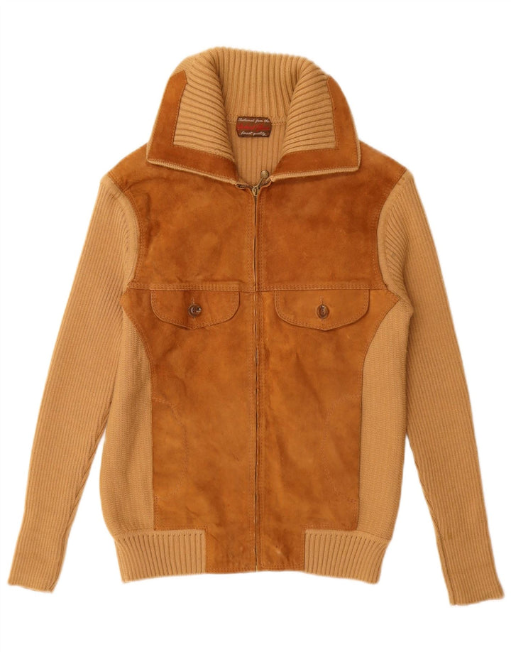 VINTAGE ženski kardigan pulover od brušene kože UK 12 srednje bež boje