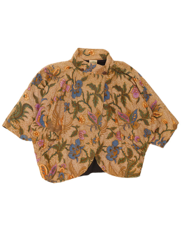 VINTAGE ženska majica s bolero kratkim rukavima UK 20 2XL smeđi pamuk s cvjetnim motivima