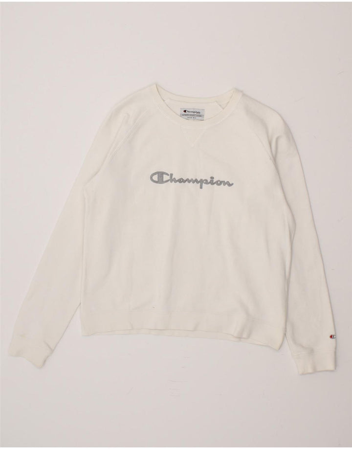 CHAMPION Womens Graphic Sweatshirt Jumper UK 14 Medium White Cotton Vintage Champion and Second-Hand Champion from Messina Hembry 