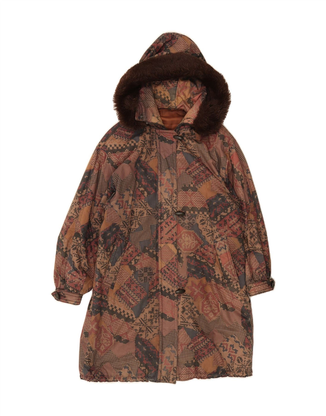 FUCHS & SCHMITT Womens Hooded Overcoat UK 12 Medium Brown Fair Isle Cotton Vintage FUCHS & SCHMITT and Second-Hand FUCHS & SCHMITT from Messina Hembry 