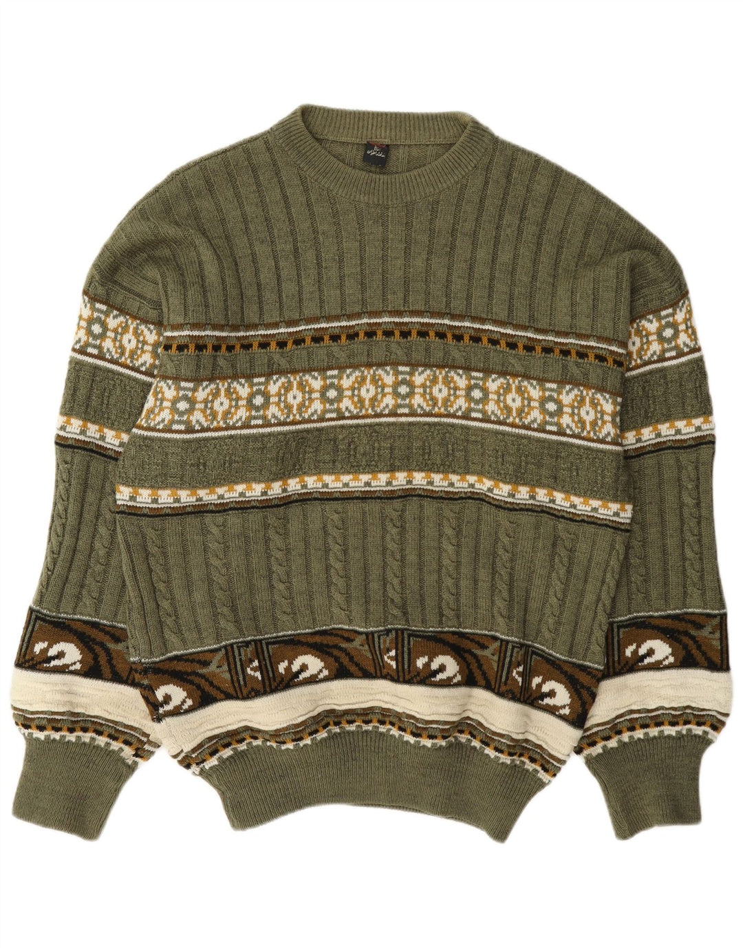 Vintage muški džemper s okruglim izrezom srednje zelene boje Fair Isle
