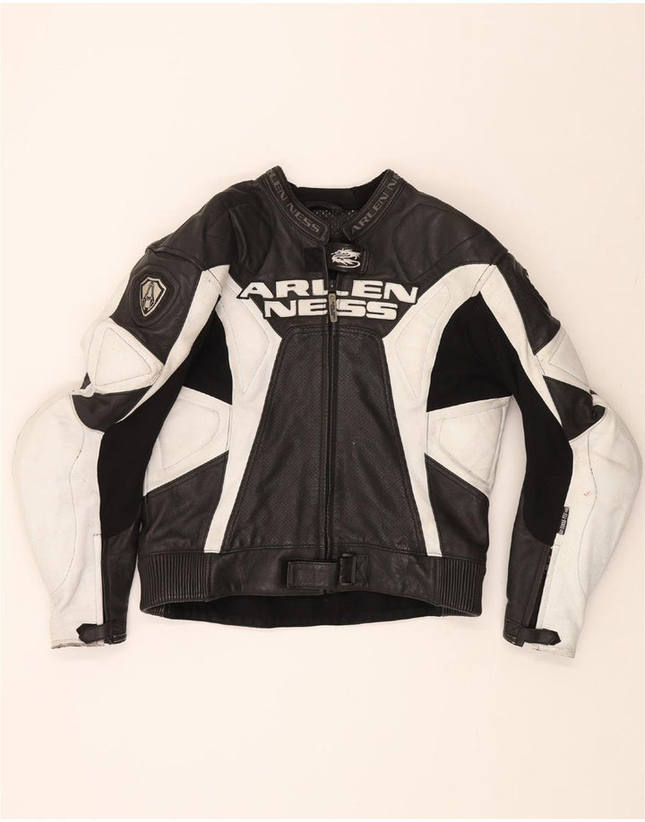 ARLEN NESS Mens Graphic Jacket UK 38 Medium Black Colourblock Leather Vintage Arlen Ness and Second-Hand Arlen Ness from Messina Hembry 