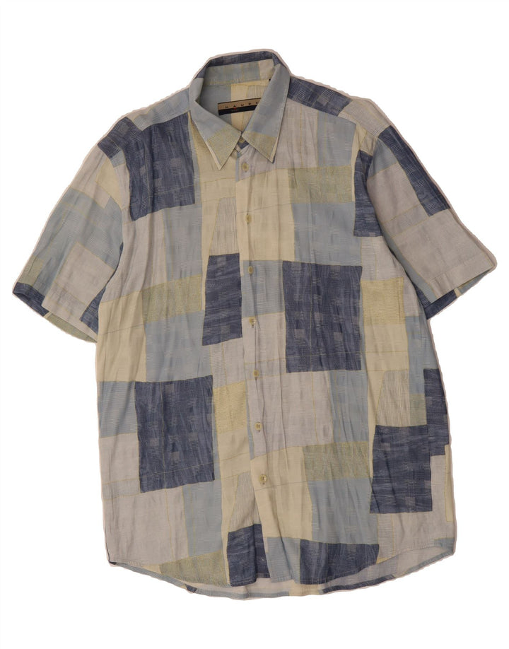 HAUPT Mens Short Sleeve Shirt Size 41/42 Large Blue Patchwork Viscose Vintage Haupt and Second-Hand Haupt from Messina Hembry 