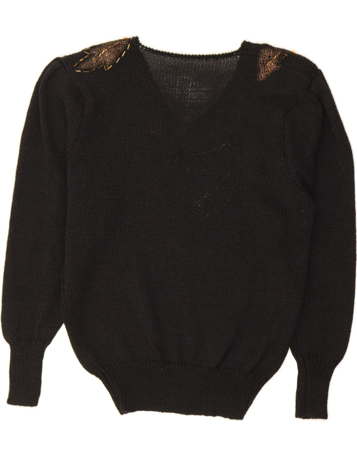 VINTAGE Womens Abstract Pattern V-Neck Jumper Sweater UK 16 Large Black Vintage Vintage and Second-Hand Vintage from Messina Hembry 