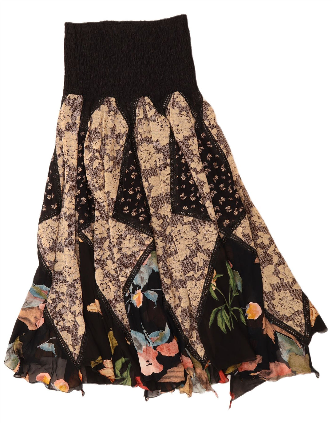 Vintage ženska asimetrična ciganska suknja W30 srednje raznobojna krpa