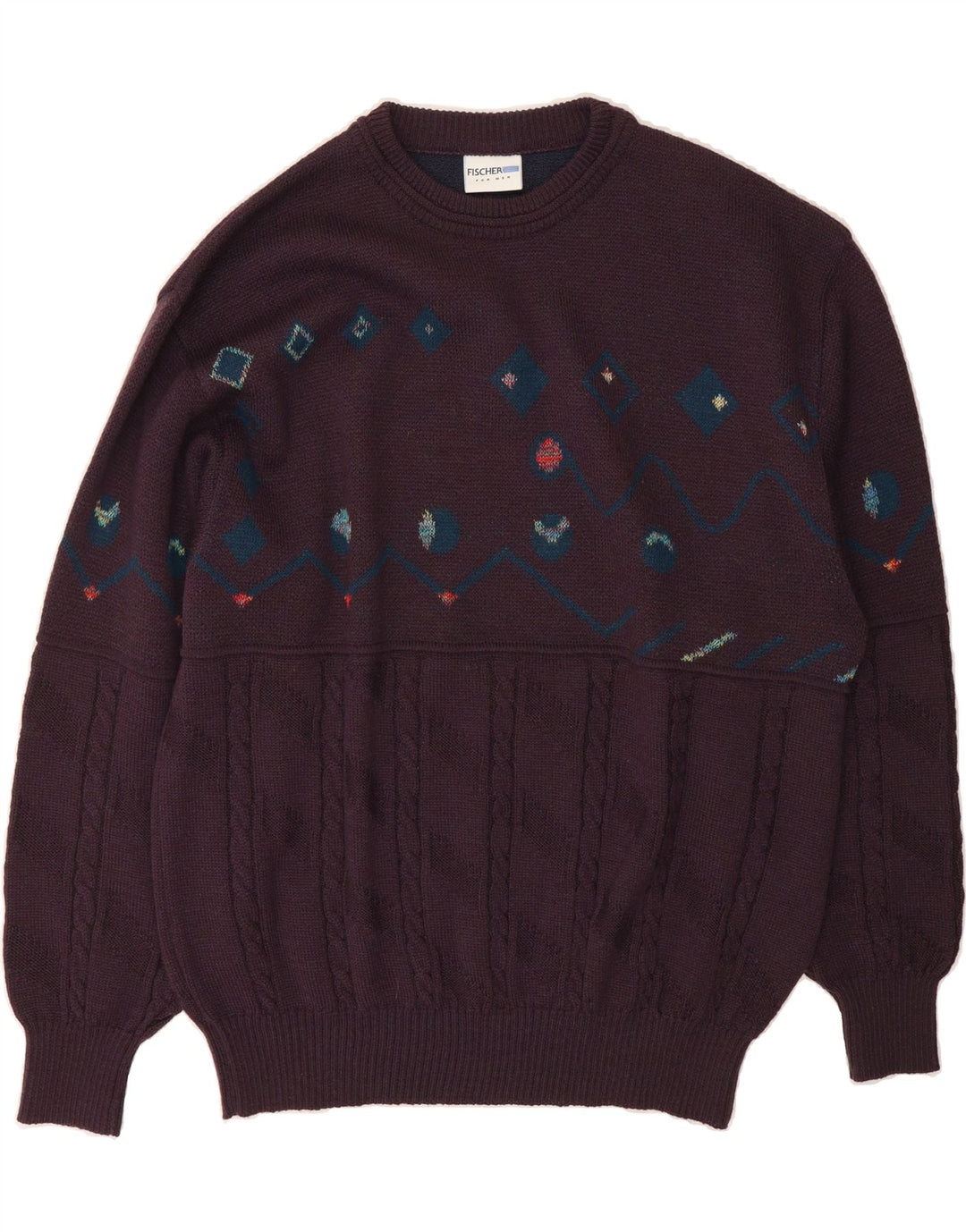 FISCHER Mens Crew Neck Jumper Sweater IT 52 Large Purple Geometric Vintage Fischer and Second-Hand Fischer from Messina Hembry 