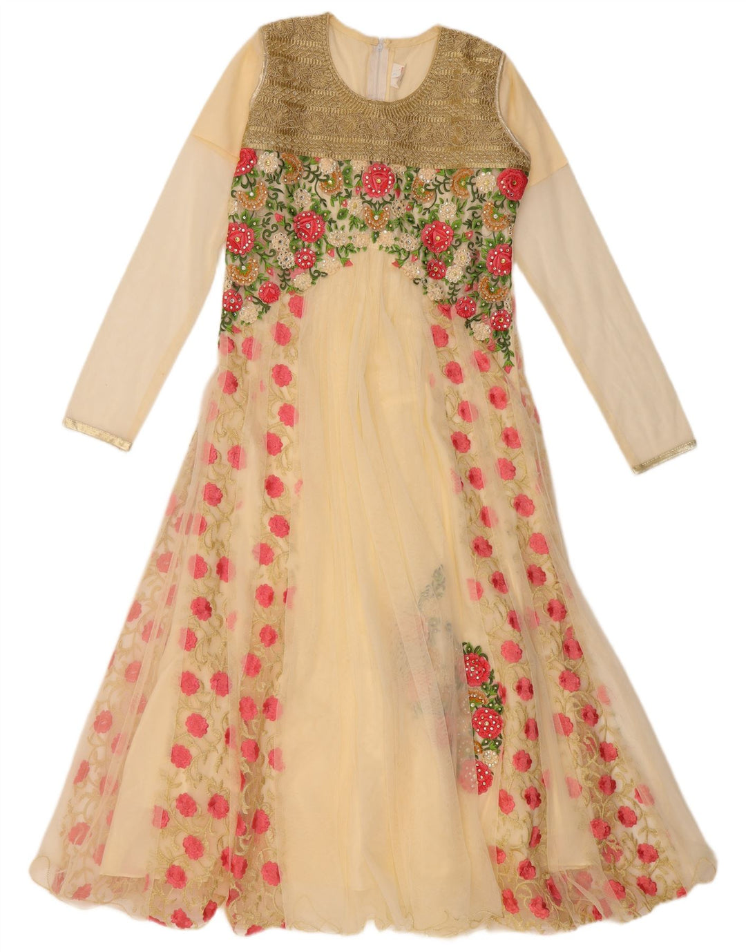 VINTAGE ženska haljina A-kroja dugih rukava US 6 srednje bež cvjetne boje