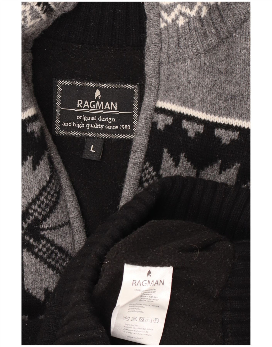 Ragman muški džemper s izrezom s patentnim zatvaračem Veliki crni Fair Isle Lambswool