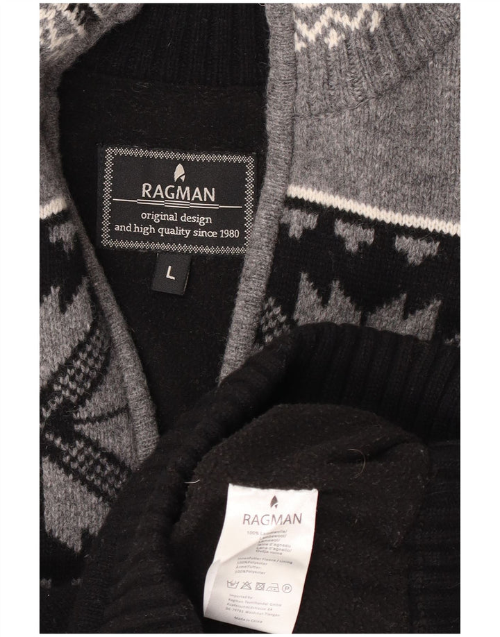 Ragman muški džemper s izrezom s patentnim zatvaračem Veliki crni Fair Isle Lambswool