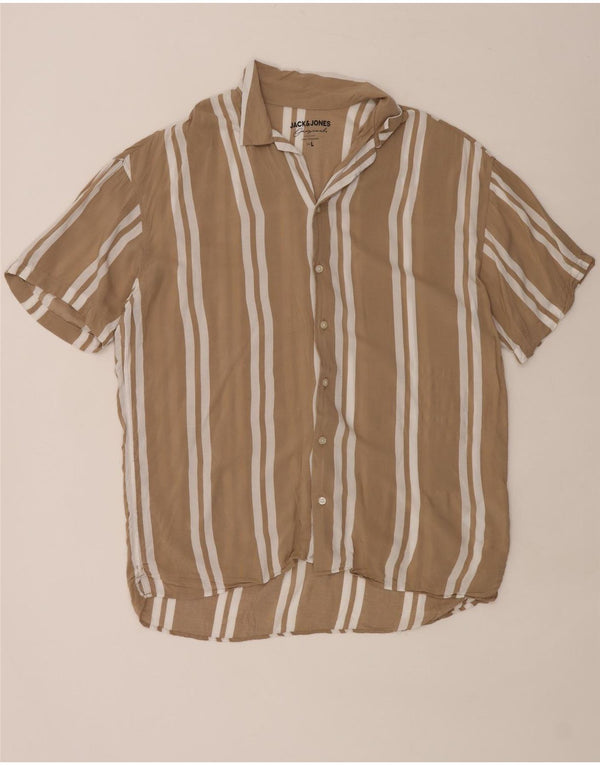 Jack & Jones Mens Short Sleeve Shirt Large Beige Striped Viscose