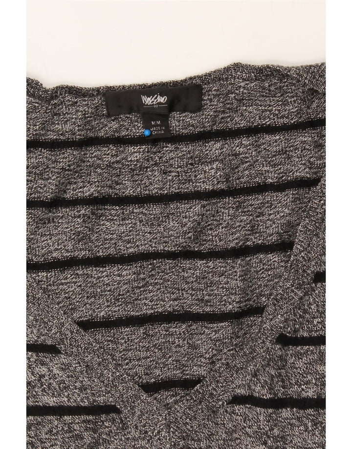 MOSSIMO Womens V-Neck Jumper Sweater UK 12 Medium Grey Striped Nylon Vintage Mossimo and Second-Hand Mossimo from Messina Hembry 