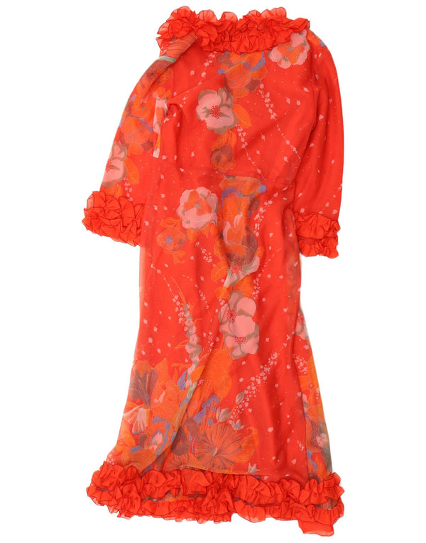 VINTAGE ženska maksi haljina s volanima UK 12 Srednje crvena cvjetna