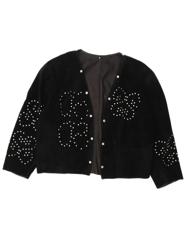 Vintage ženska otvorena antilop jakna UK 14 Srednja crna koža s cvjetnim uzorkom