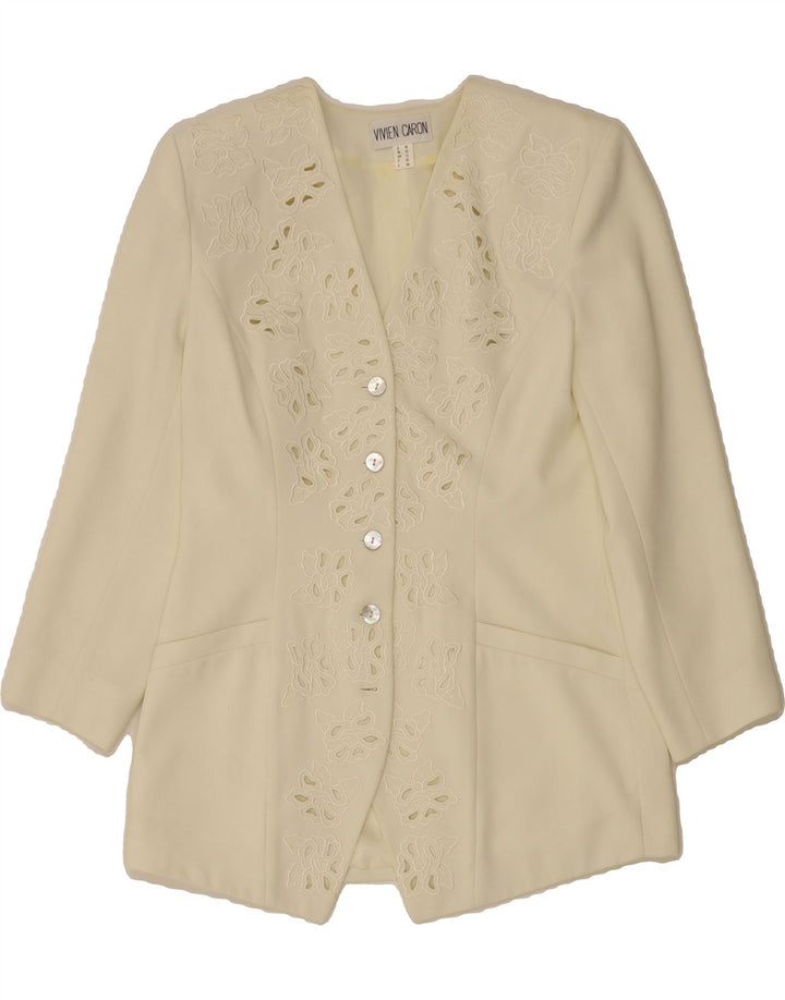 VIVIEN CARON Womens 4 Button Blazer Jacket UK 12 Medium Off White Floral Vintage Vivien Caron and Second-Hand Vivien Caron from Messina Hembry 