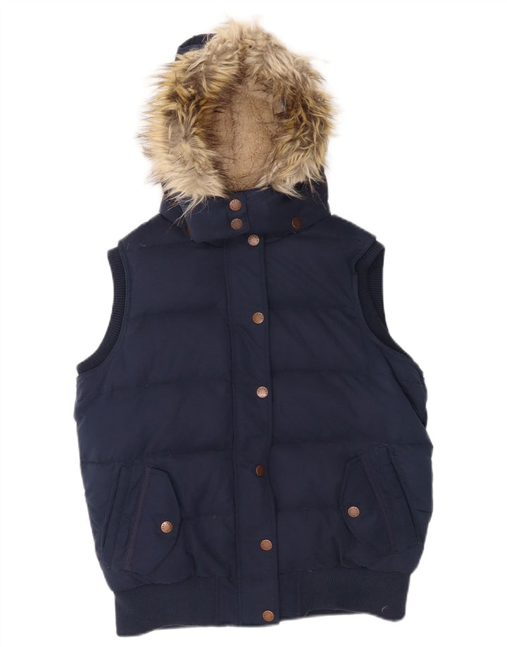 FAT FACE Womens Hooded Padded Gilet UK 12 Medium Navy Blue Polyester