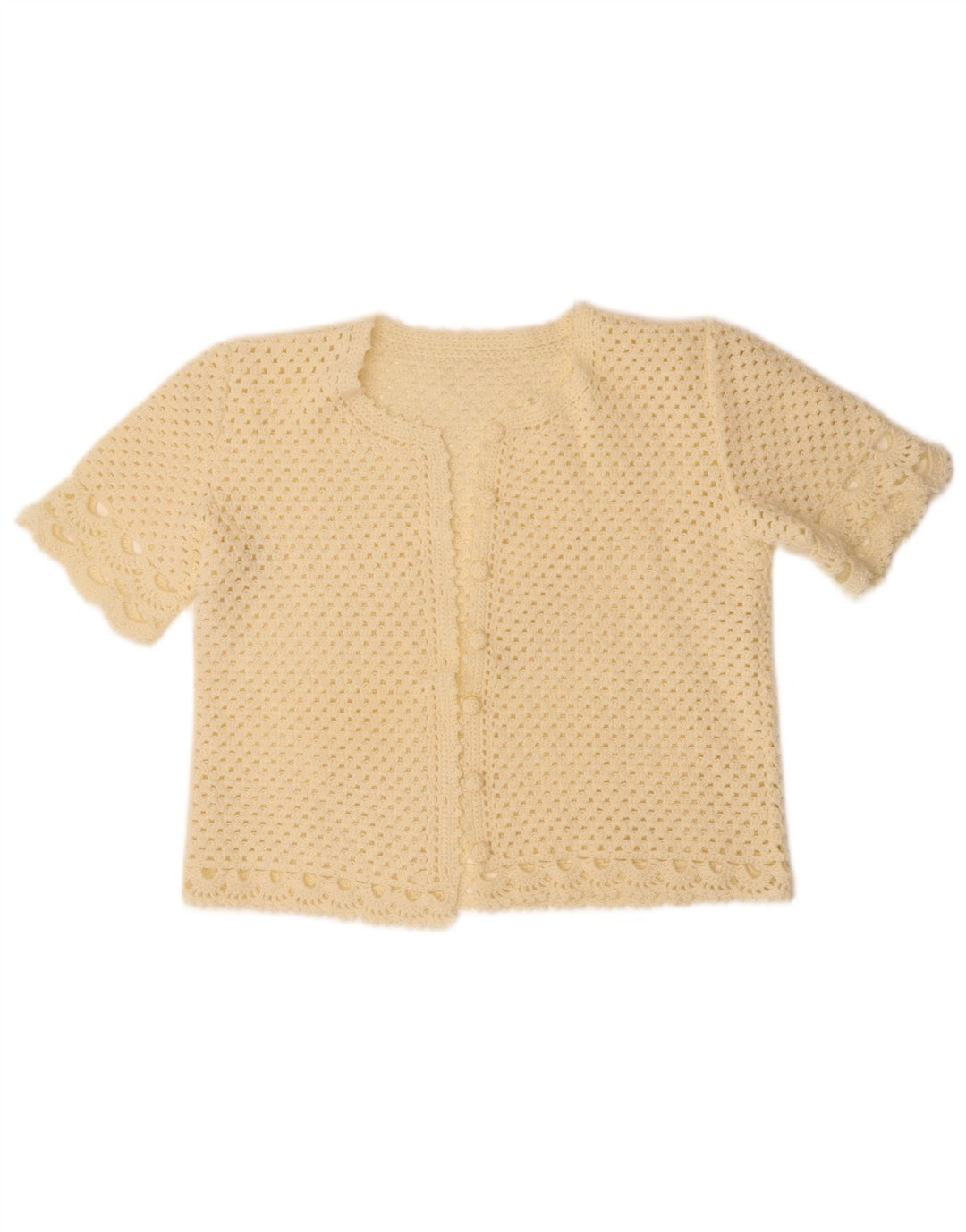 VINTAGE kratki ženski kardigan džemper kratkih rukava UK 14 Srednje prljavo bijeli