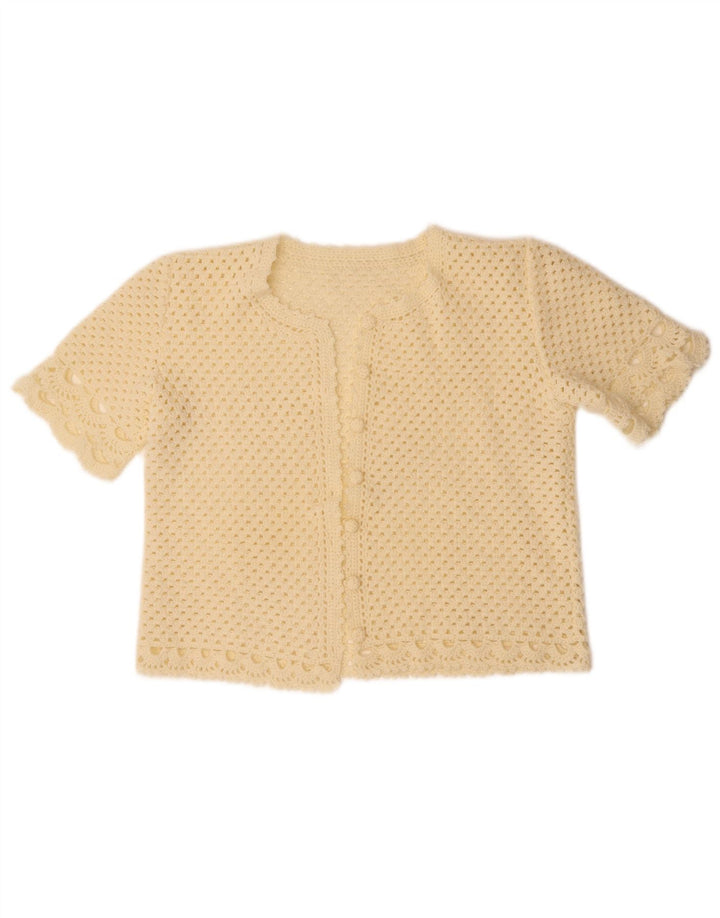 VINTAGE kratki ženski kardigan džemper kratkih rukava UK 14 Srednje prljavo bijeli