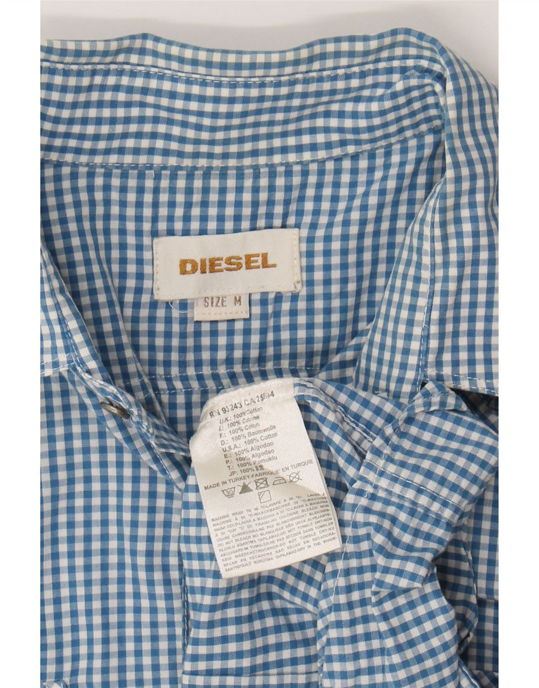 DIESEL Mens Graphic Short Sleeve Shirt Medium Blue Gingham Cotton