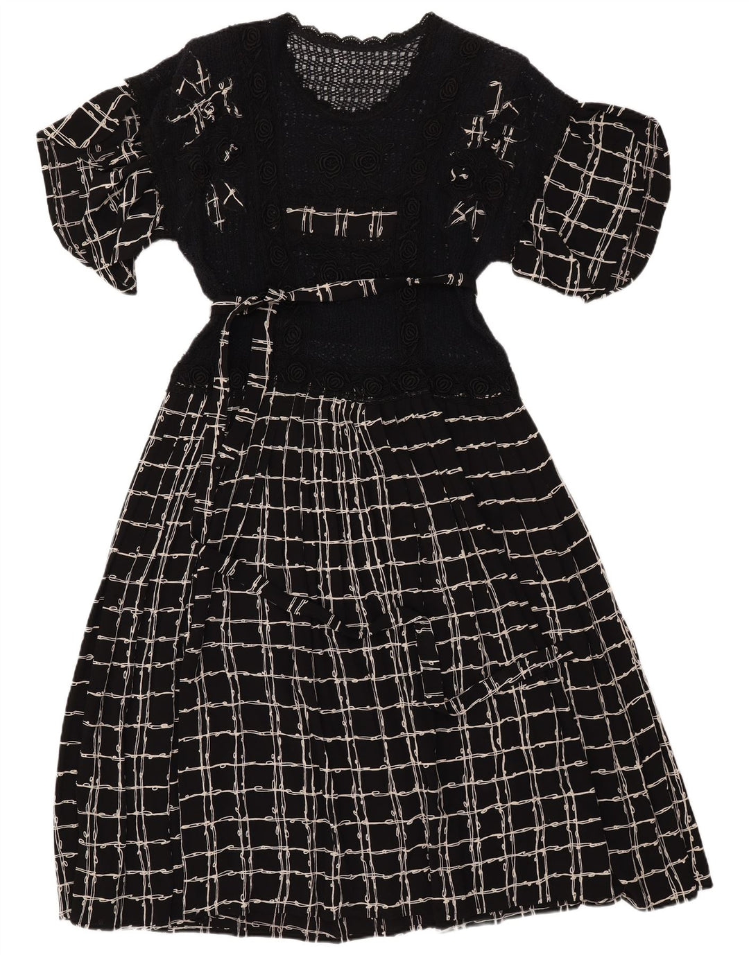 VINTAGE ženska heklana maksi haljina UK 12 srednje crna karirana