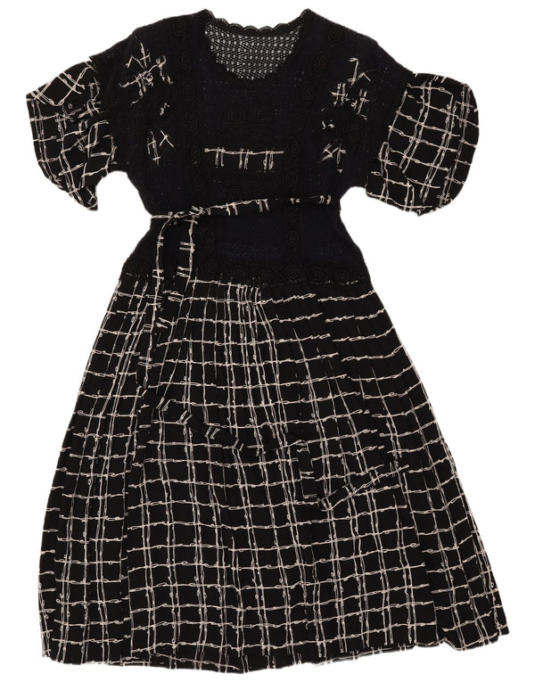 VINTAGE ženska heklana maksi haljina UK 12 srednje crna karirana