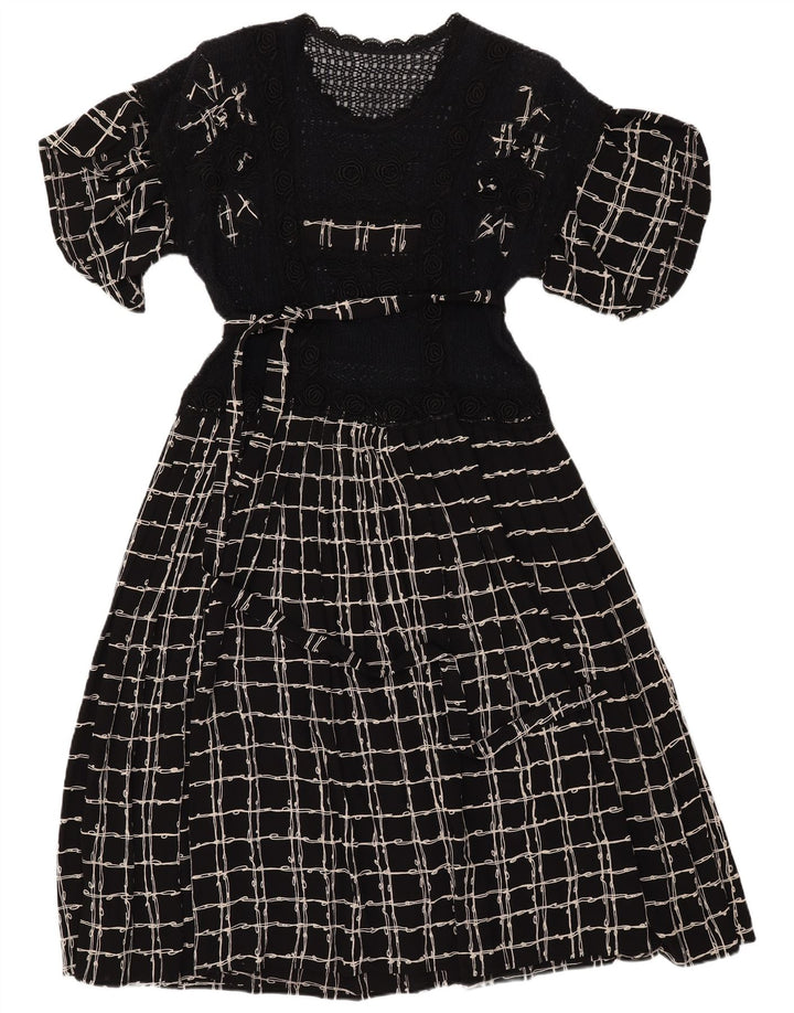 VINTAGE ženska heklana maksi haljina UK 12 srednje crna karirana