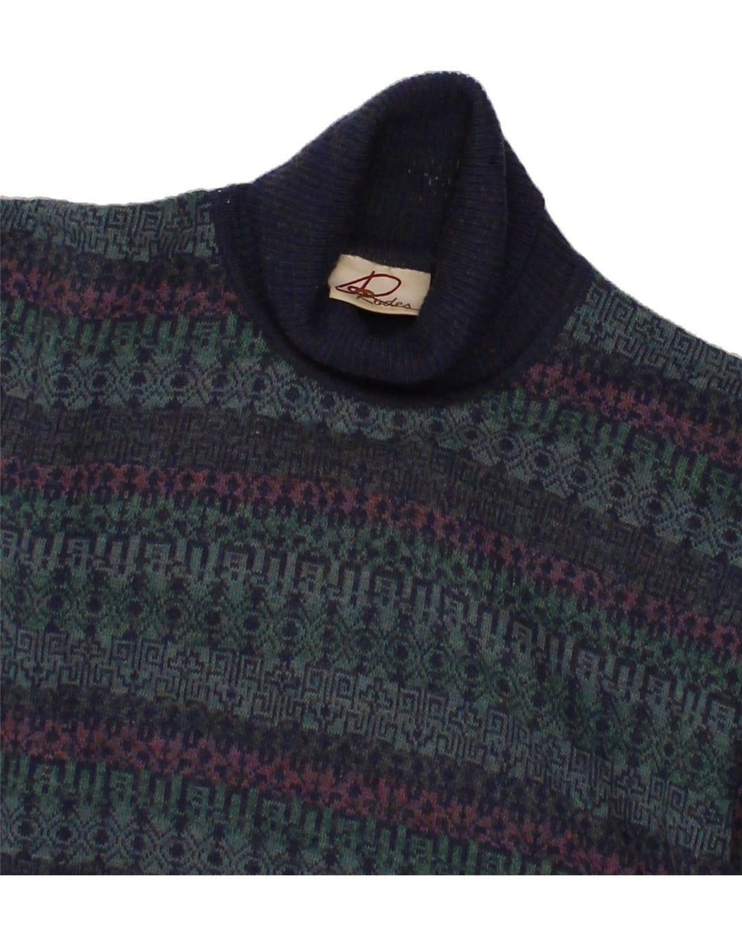 RODES Womens Roll Neck Jumper Sweater UK 14 Medium Green Geometric Wool Vintage Rodes and Second-Hand Rodes from Messina Hembry 