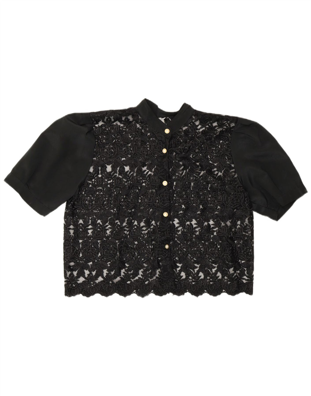 Vintage ženska kratka prozirna košulja bluza UK 14 srednje crna cvjetna